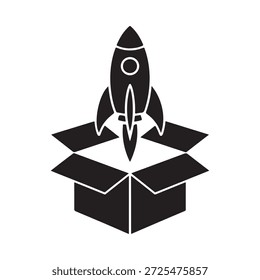A rocket ship launching from an open cardboard box a conceptual design
