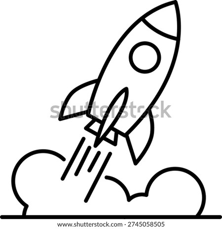 Rocket ship launching with smoke clouds outline icon