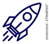 A rocket ship launching upward with trailing motion or speed lines and flames or exhaust at the base, symbolizing launch, startup, growth, rapid progress, take off, speed, innovation, blast off, fast start, rocket boost, ascent, or high-velocity success.