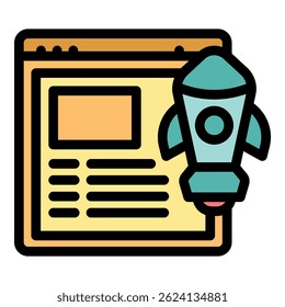 Rocket ship launching from a website, symbolizing the successful start of an online business venture