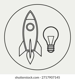 Icono de la nave del cohete y de la bombilla en un círculo para la innovación y la idea del concepto del negocio