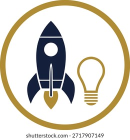 Icono de la nave del cohete y de la bombilla en círculo de oro para la innovación y las ideas del negocio