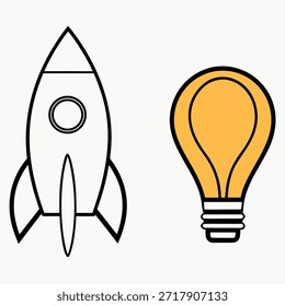 Iconos de la nave del cohete y de la bombilla en el fondo blanco para el concepto del negocio
