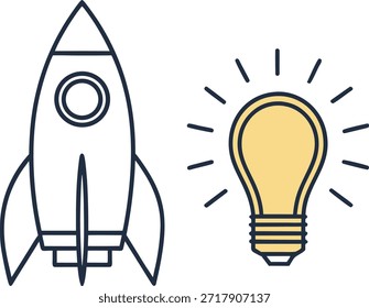 Iconos de la nave del cohete y de la bombilla para la innovación y las ideas concepto del negocio