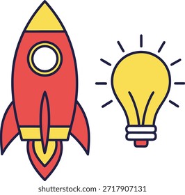 Cohete barco y bombilla ilustración para la innovación empresarial y las ideas