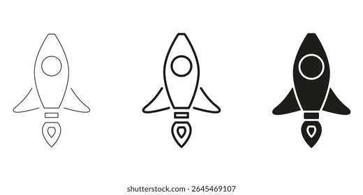 Rocket Ship In Line, Outline, And Glyph Icon Set. Space Exploration, Innovation, And Startup Launch Symbol Collection. Futuristic Technology And Adventure. Isolated Vector Illustration.