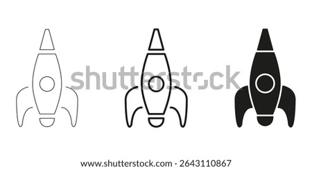 Rocket Ship In Line, Outline, And Glyph Icon Set. Space Exploration, Innovation, And Startup Launch Symbol Collection. Futuristic And Technological Advancement. Isolated Vector Illustration.