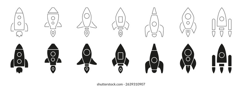 Rocket Ship Line And Solid Icon Set. Space Exploration, Innovation, And Technology Symbol Collection. Various Rocket Designs For Aerospace And Science Themes. Isolated Vector Illustration.