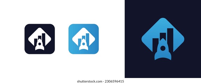 Rocket ship logo with chart shape in background. Growth logo design concept vector illustration. investment, wealth or earning rising up graph, business sales or profit increase concept, financial rep