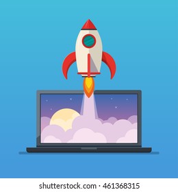 Rocket ship lunch. Flat vector poster with space rocket. Business project start up. Product development.