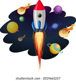 Rocket ship with many planets and asteroids illustration