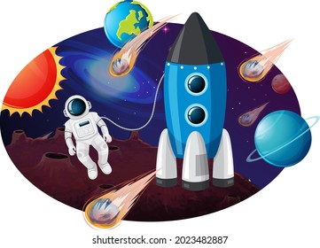 Rocket ship with many planets and asteroids illustration