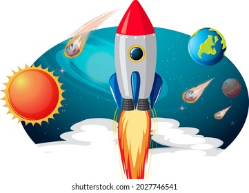 Rocket ship with many planets and asteroids illustration