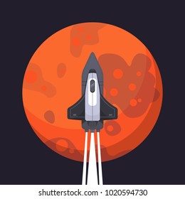 Rocket ship and mars in cartoon style. New Businesses Innovation Development Flat Design IconsTemplate.