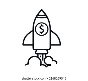 Rocket Ship in money concept flat line vector icon for mobile app, site design. Illustration isolated on white background.

