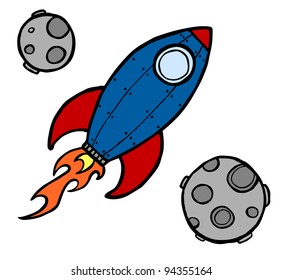 Rocket ship and moon cartoon illustration vector