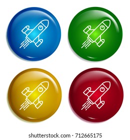 Rocket ship multi color gradient glossy badge icon set. Realistic shiny badge icon or logo mockup