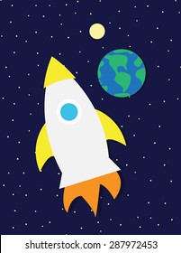 Rocket ship over dark blue sky with stars, earth, and moon
