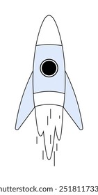 Rocket ship with pale blue and white color scheme, taking off with exhaust smoke depicted underneath. Simplified, iconic style. Ideal for space exploration, innovation, technology, adventure, startups