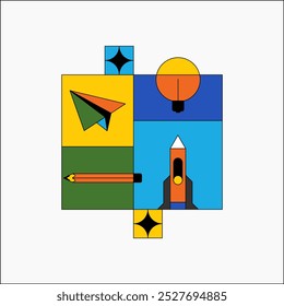 Rocket ship and paper plane in flat vector illustration symbolizing innovation, startups, and progress, isolated on white background.