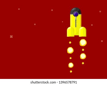 Rocket ship in a protective yellow suit with zipper. Space rocket launch with trendy flat fires. Project start up and development process.Innovation product, creative idea. Management. Vector illustra