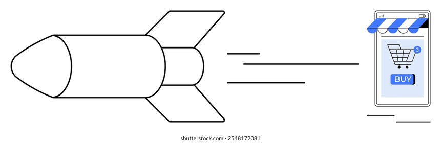 La nave cohete se acerca rápidamente a un dispositivo móvil que muestra un Botón de compra con el símbolo del Carrito de compras. Ideal para entrega rápida, comercio electrónico, velocidad, innovación, temas de compras en línea. Sencillo, moderno, limpio