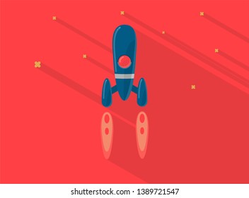Rocket ship in a Red style. Space rocket flying in space with trendy flat stars. Project start up and development process.Innovation product, creative idea. Management. Vector illustration. Flat desig