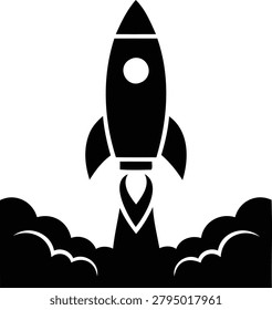 Rocket ship silhouette design showcases a bold vector graphic illustration depicting a powerful launch sequence signifying rapid business growth and successful project development.