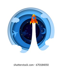 Rocket ship in the sky. Abstract paper style. Vector illustration