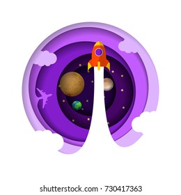 Rocket ship in the sky. Abstract paper style. Vector illustration