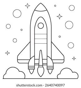 Rocket ship soaring among shining stars and orbiting planets in a clean space illustration