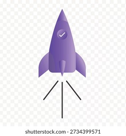 Rocket ship soaring upwards, symbolizing launch and progress. Includes check mark on rocket. Futuristic illustration with motion effect. PNG