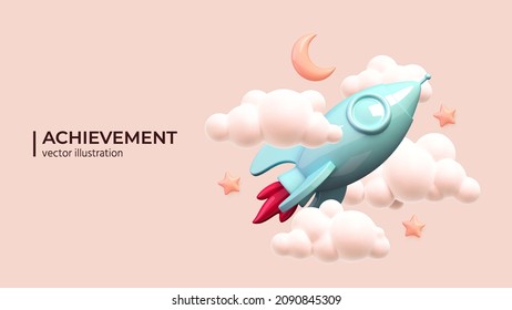 Rocket ship in space around the clouds. Realistic rocket 3d icon. Challenge in business to be achievement and successful concept. Launch new project start up concept. Vector illustration