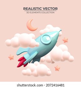 Rocket ship in space around the crescent and stars. Realistic 3d rocket. Vector illustration with flying shuttle. Space travel. Space rocket. Launch new project start up concept. Vector illustration