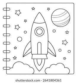 Rocket ship in space coloring book illustration with planetary theme in a clean design
