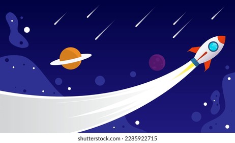 rocket ship in the space with dark sky, planets, and falling stars, vector illustration background