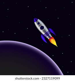 Rocket ship in the space on dark blue background with stars. Modern cartoon design. Vector illustration in flat style for cards, prints, placards, social media.