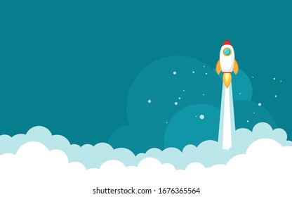 Rocket ship with space, sky clouds and stars on blue background. Flat icon. Vector illustration with flying shuttle. Space travel. Space rocket launch. New project start up concept. Creative idea.