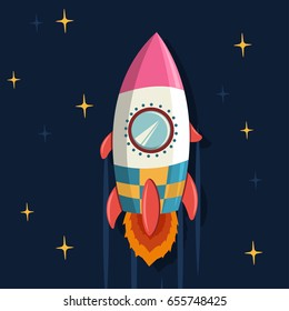 Rocket ship in space. Spaceship launch vector cartoon illustration.