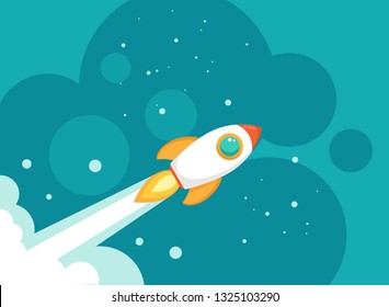 Rocket ship with space and stars on blue background. Flat icon. Vector illustration with flying shuttle. Space travel. Space rocket launch. New project start up concept. Creative idea.