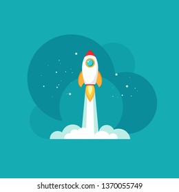 Rocket Ship With Space And Stars On Blue Background. Flat Icon. Vector Illustration With Flying Shuttle. 