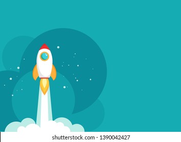 Rocket ship with space and stars on blue background. Flat icon. Vector illustration with flying shuttle. Space travel. Space rocket launch. New project start up concept. Creative idea.