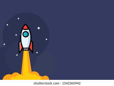 Rocket ship with space and stars on blue background. Flat icon. Vector illustration with flying shuttle. Space travel. Space rocket launch. New project start up concept. Creative idea.
