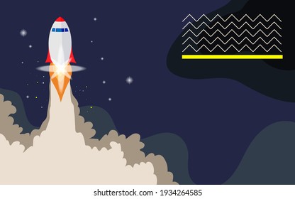 Rocket ship with space and stars on blue background. Flat icon. Vector illustration with flying shuttle. Space travel. Space rocket launch. New project start up concept. Creative idea.