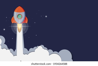 Rocket ship with space and stars on blue background. Flat icon. Vector illustration with flying shuttle. Space travel. Space rocket launch. New project start up concept. Creative idea.