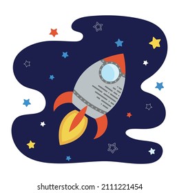 Rocket ship with space and stars on blue background