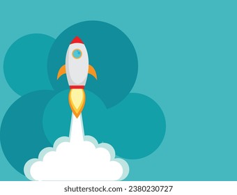 Rocket ship with space and stars on blue background, Flat icon, vector art