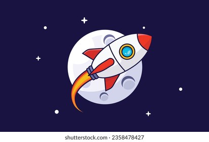Rocket ship in space - Vector illustration of spaceship flying in front of moon in flat design outline cartoon style