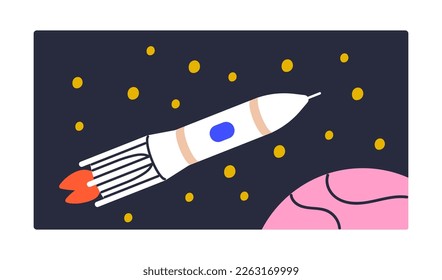 Rocket ship, spaceship launches, travels in space. Cosmos shuttle, spacecraft with fire engine flies in universe. Adventure, journey in star galaxy, night sky. Childish flat vector illustration