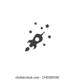 Rocket ship with stars. Isolated on white. Flat line icon. Vector illustration with flying rocket. Goal achieve. Project start up sign. Creative idea symbol. Black and white.